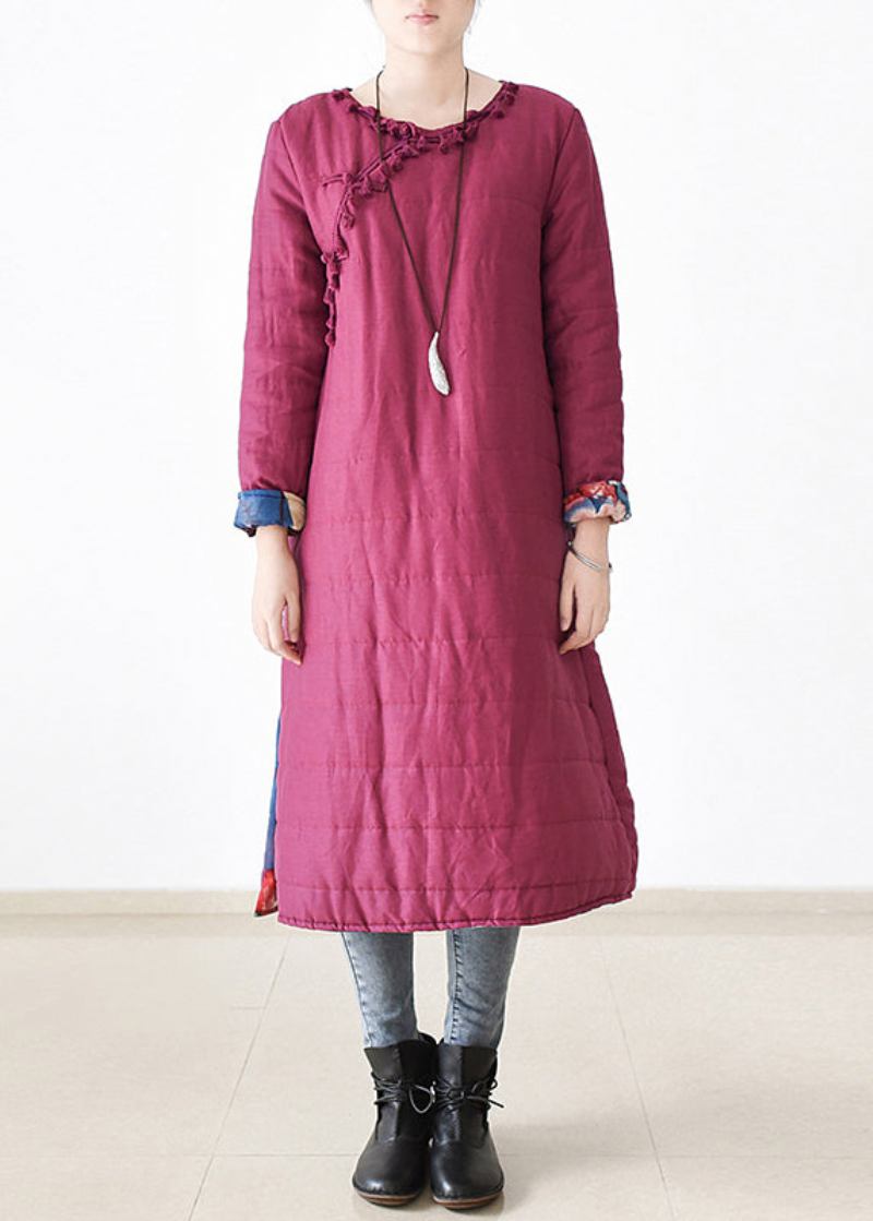 Chic Rose Rundhalsausschnitt Knopfleiste Seitlich Offen Dicker Langer Parka Aus Leinen Witner