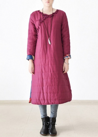 Chic Rose Rundhalsausschnitt Knopfleiste Seitlich Offen Dicker Langer Parka Aus Leinen Witner