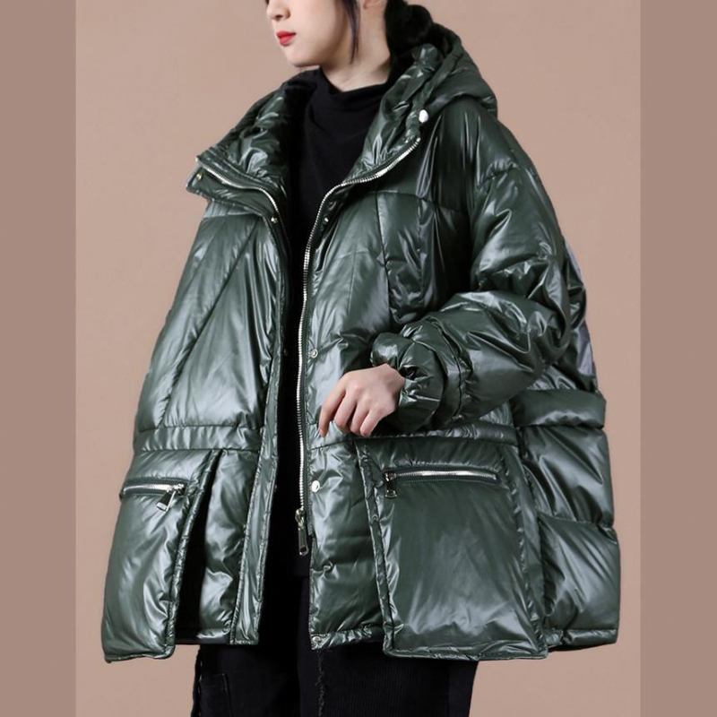 Damen Oversize Winterjacke Mäntel Schwarzgrün Daunenmantel Mit Kapuze Und Reißverschluss - schwarz