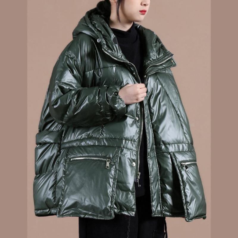 Damen Oversize Winterjacke Mäntel Schwarzgrün Daunenmantel Mit Kapuze Und Reißverschluss - schwarz