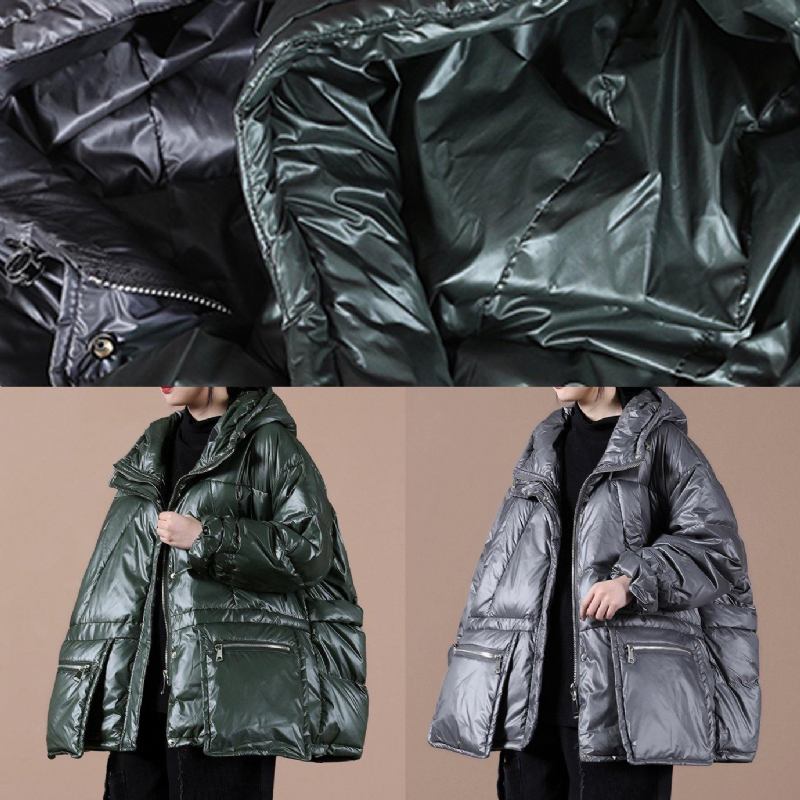 Damen Oversize Winterjacke Mäntel Schwarzgrün Daunenmantel Mit Kapuze Und Reißverschluss - schwarz