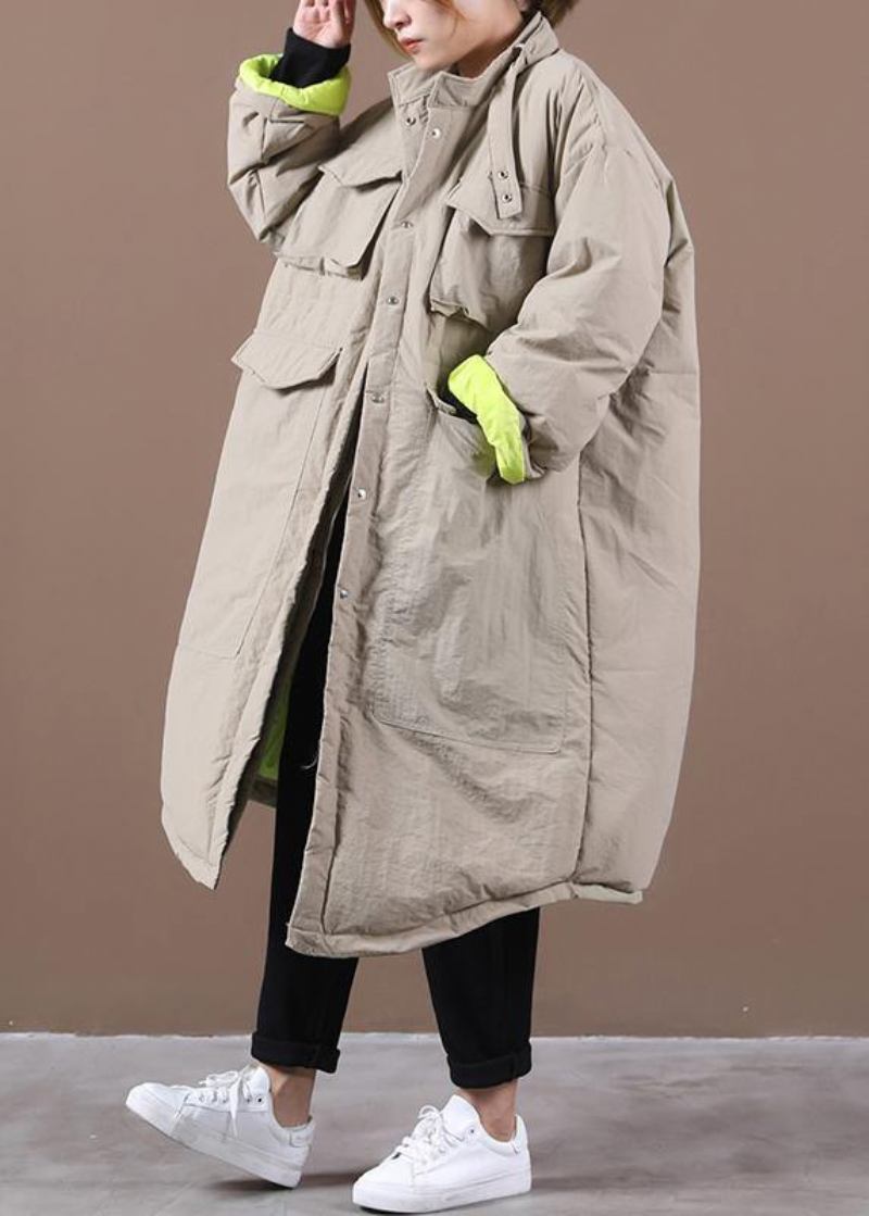 Damen-winterjacke In Übergröße Mit Taschen Khakifarbener Stehkragen Asymmetrischer Warmer Wintermantel