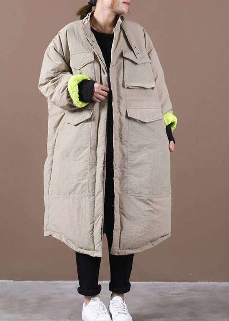 Damen-winterjacke In Übergröße Mit Taschen Khakifarbener Stehkragen Asymmetrischer Warmer Wintermantel - khaki