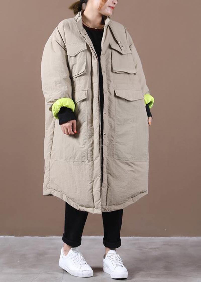 Damen-winterjacke In Übergröße Mit Taschen Khakifarbener Stehkragen Asymmetrischer Warmer Wintermantel - khaki