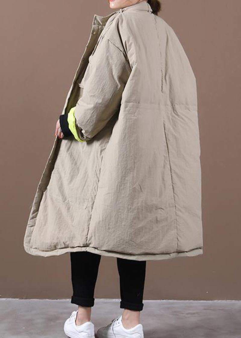 Damen-winterjacke In Übergröße Mit Taschen Khakifarbener Stehkragen Asymmetrischer Warmer Wintermantel - khaki