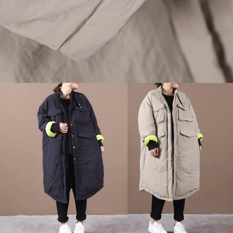 Damen-winterjacke In Übergröße Mit Taschen Khakifarbener Stehkragen Asymmetrischer Warmer Wintermantel - khaki