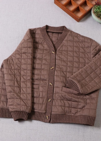 Damen-winterjacke Mit Schokoladenbraunem Patchwork Und Feiner Baumwolle Mit V-ausschnitt