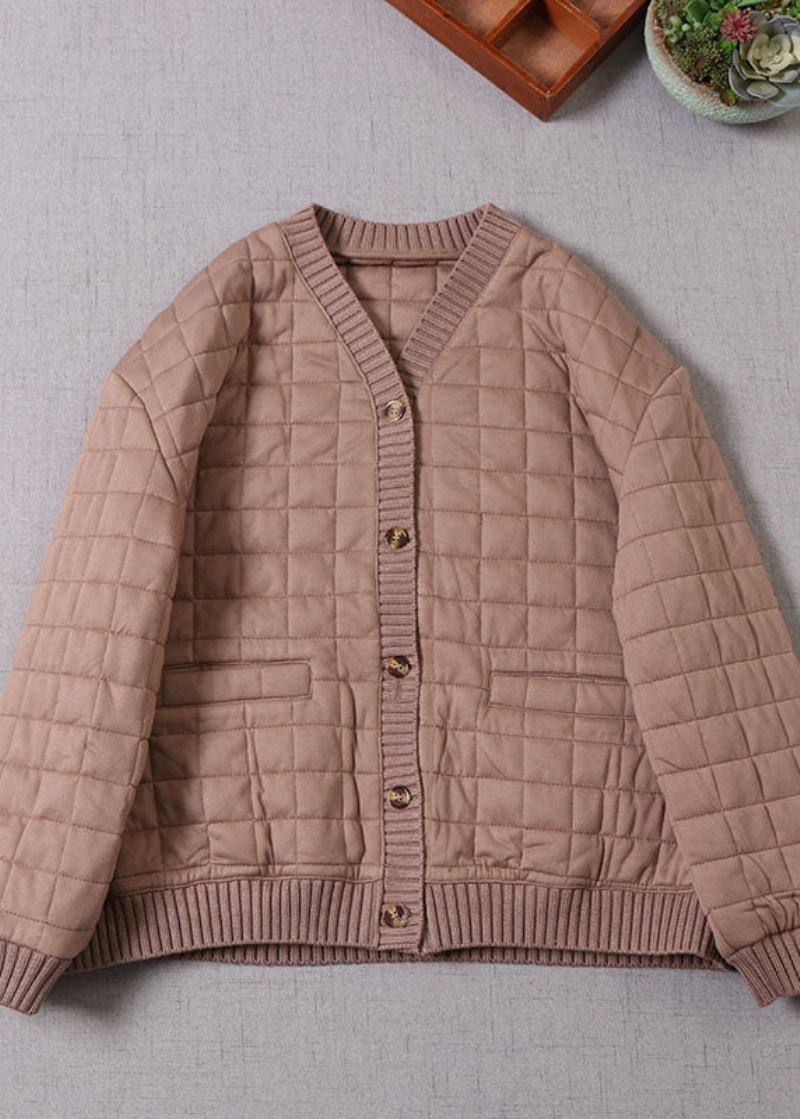 Damen-winterjacke Mit Schokoladenbraunem Patchwork Und Feiner Baumwolle Mit V-ausschnitt - Kaffee