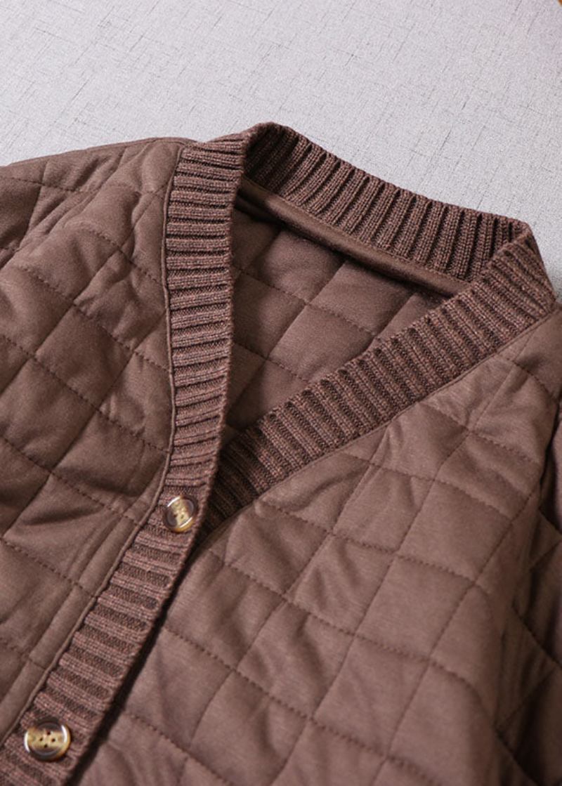 Damen-winterjacke Mit Schokoladenbraunem Patchwork Und Feiner Baumwolle Mit V-ausschnitt - Kaffee