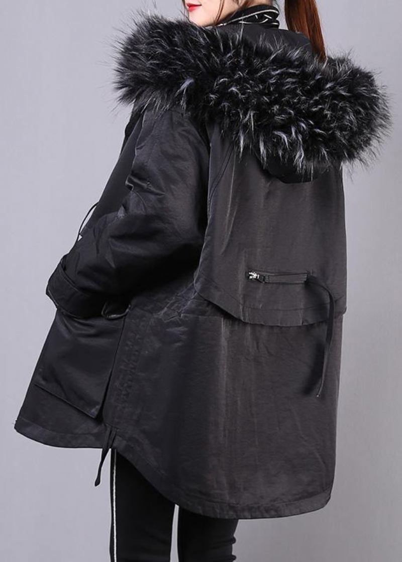 Dicke Schwarze Winterparkas Übergroße Daunenjacke Mit Kapuze Und Pelzkragen - Damen-Daunenjacken