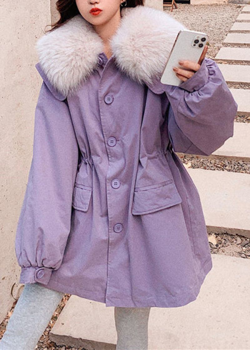 Diy-parka Mit Lila Pelzkragen Und Knopfleiste Warmer Fleece-parka Für Den Winter - Lila