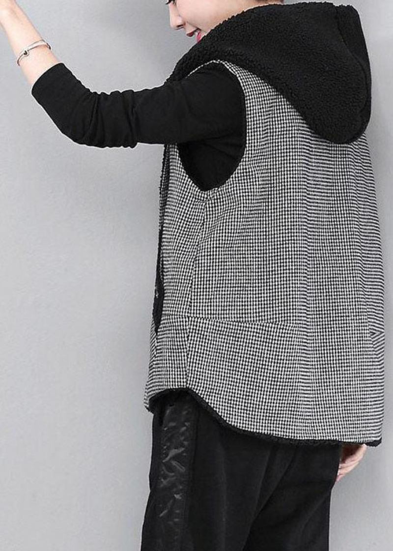 Diy Schwarze Winterweste Aus Kunstpelz Mit Kapuze Und Patchwork-karos - Damen-Daunenjacken