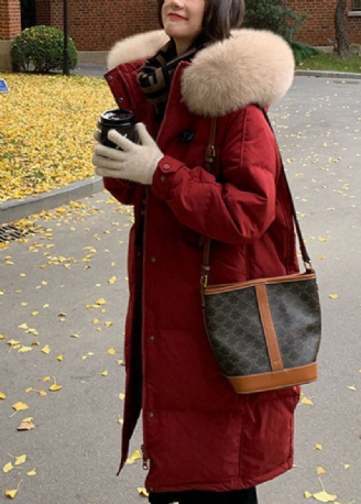 Edle Dicke Entendaunenjacke Mit Rotem Pelzkragen Und Kapuze Für Den Winter