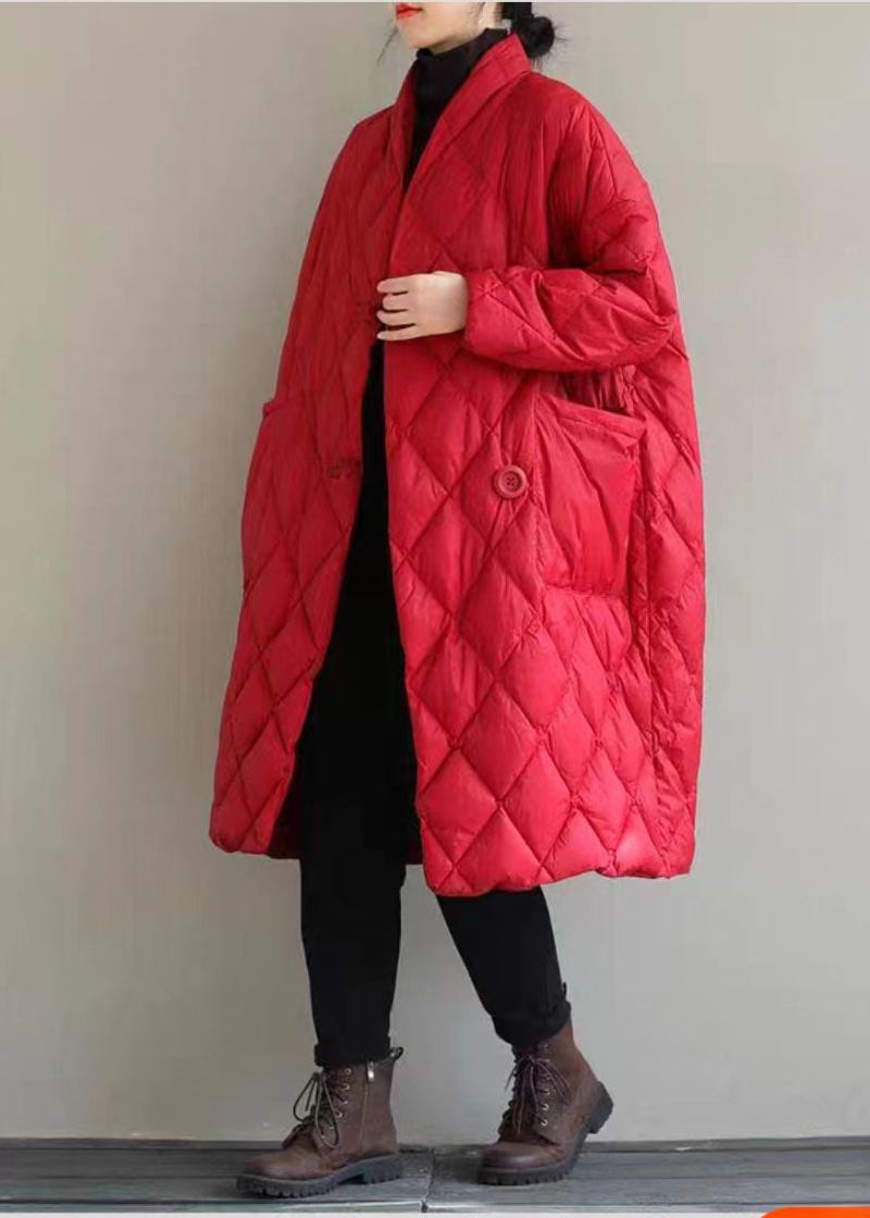 Edle Rote Pufferjacke Mit Stehkragen Und Großen Taschen Aus Feiner Baumwolle Winter - Damen-Daunenjacken