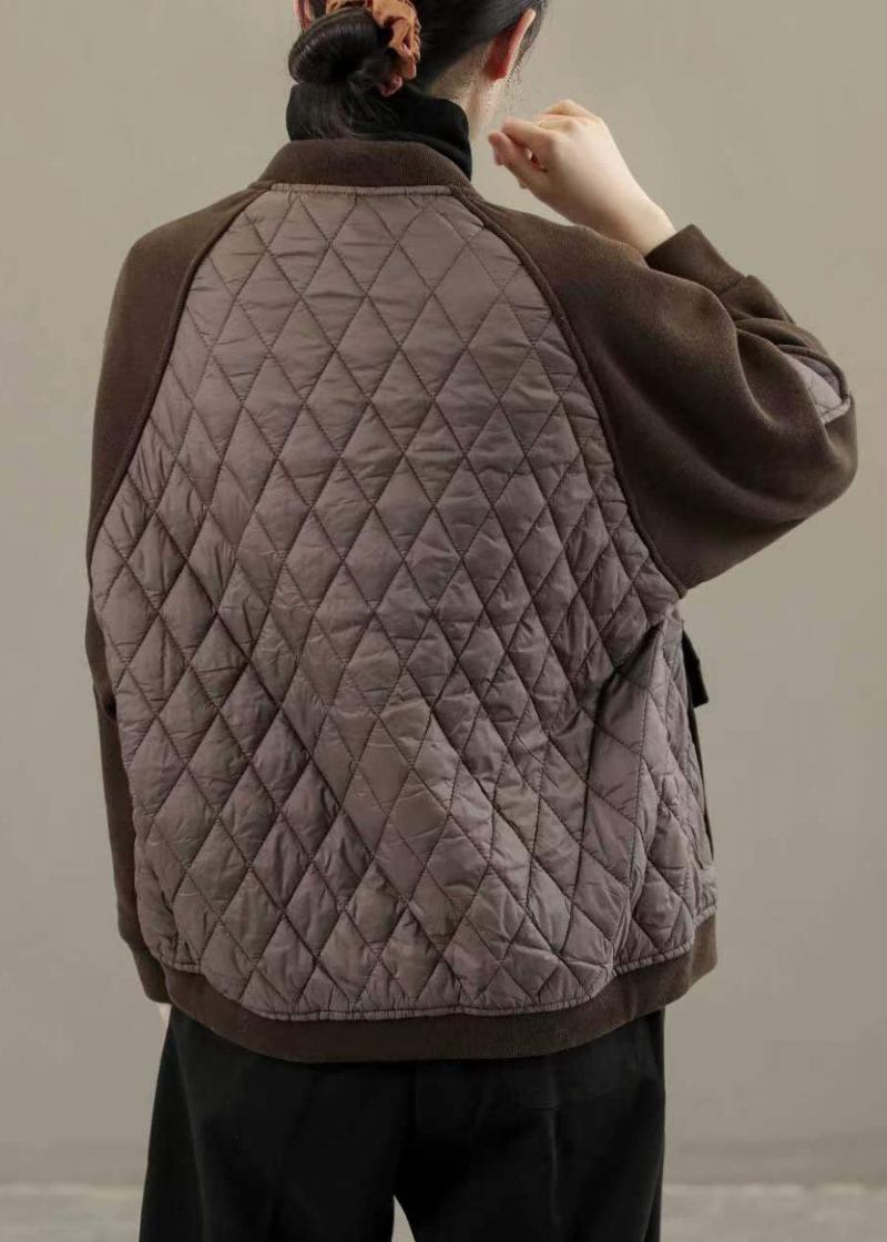 Edle Schokoladenbraune Patchwork-jacken Mit Stehkragen Und Taschen Aus Feiner Baumwolle Für Den Winter - Damen-Daunenjacken