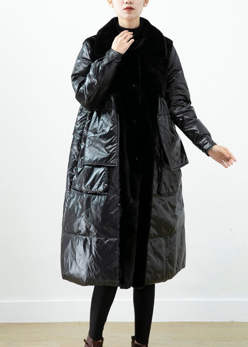 Edle Schwarze Übergroße Patchwork-nerz-samt-entendaunen-daunenjacke Für Den Winter - Damen-Daunenjacken