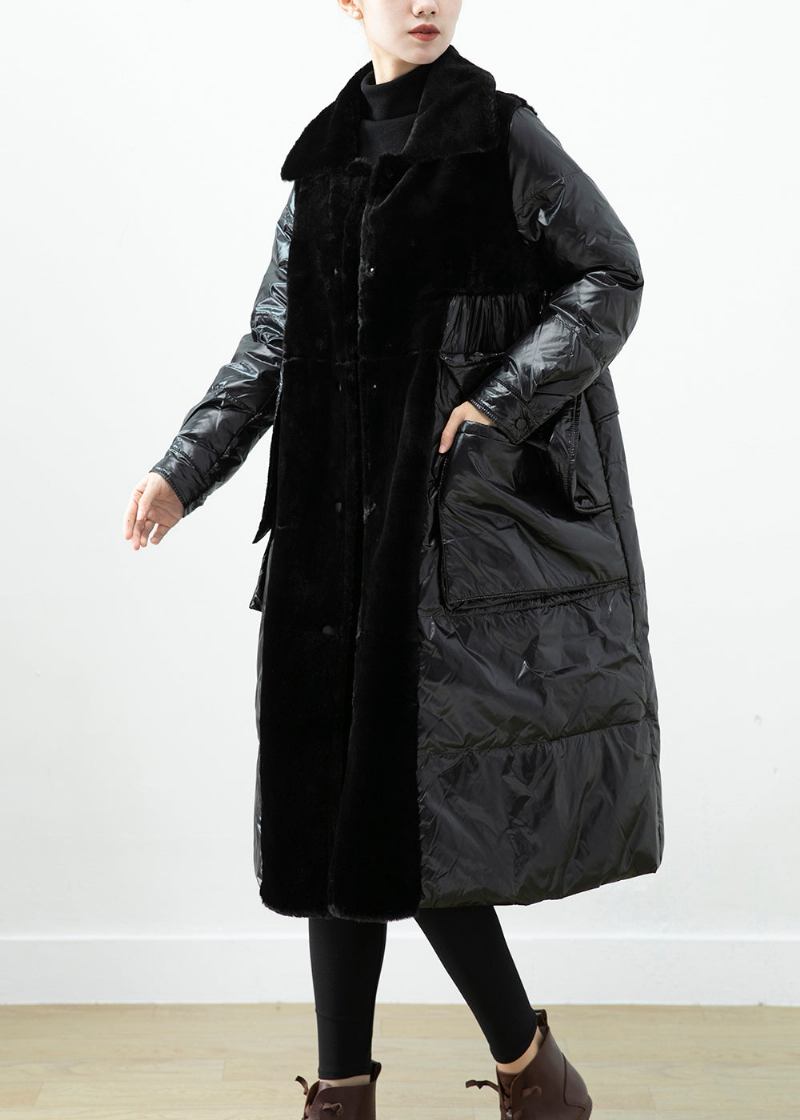 Edle Schwarze Übergroße Patchwork-nerz-samt-entendaunen-daunenjacke Für Den Winter - Damen-Daunenjacken