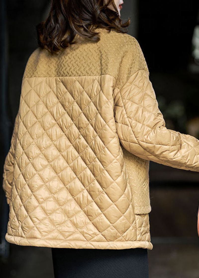 Einfach Khakifarbener Patchwork-wintermantel Mit V-ausschnitt Und Feiner Baumwollfüllung Für Damen - Khaki