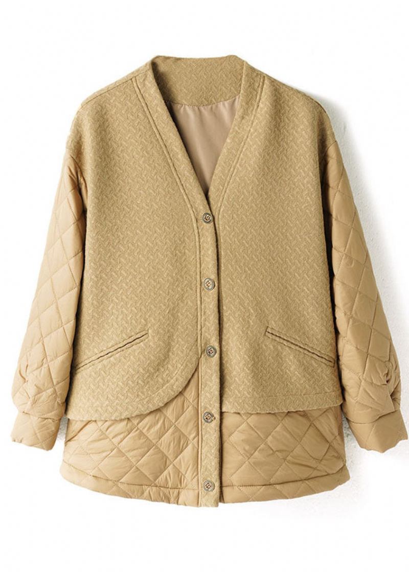 Einfach Khakifarbener Patchwork-wintermantel Mit V-ausschnitt Und Feiner Baumwollfüllung Für Damen - Khaki