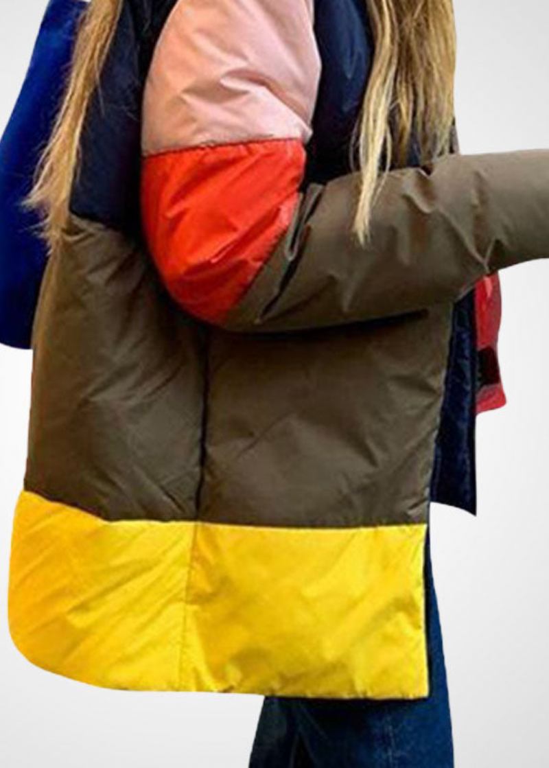 Einzigartige Steppjacke Aus Patchwork-entendaunen In Gelb Mit Stehkragen Und Reißverschluss Für Den Winter - Damen-Daunenjacken