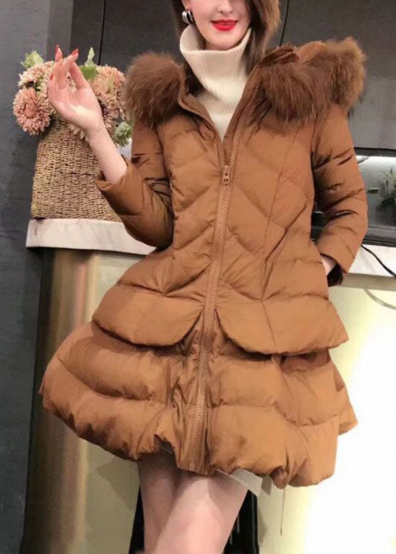 Einzigartiger Khakifarbener Wintermantel Mit Entendaunenjacke Und Fuchskragen - Khaki