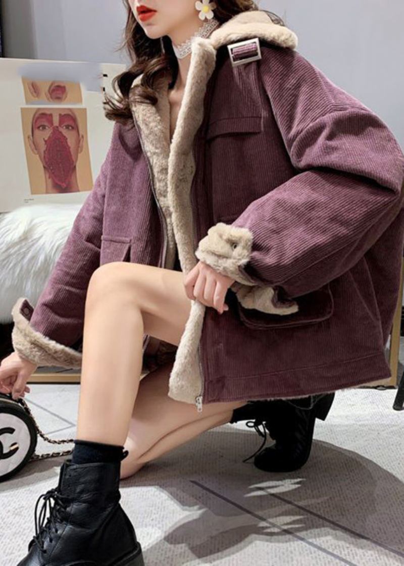 Einzigartiger Parka Aus Dickem Cord In Violett Mit Peter-pan-kragen Und Warmem Fleece Mit Reißverschluss Für Den Winter - Damen-Daunenjacken