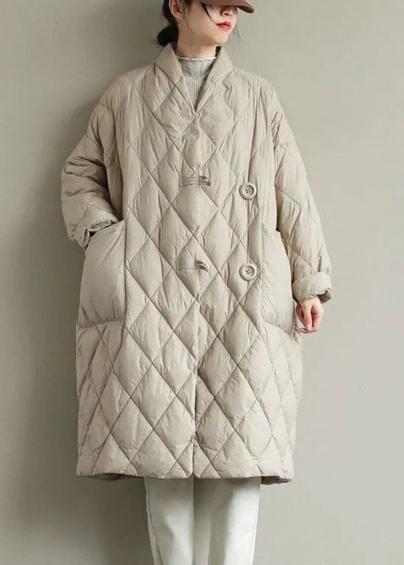 Elegante Aprikosenfarbene Pufferjacke Mit V-ausschnitt Und Taschen Aus Feiner Baumwolle Winter - Apricot