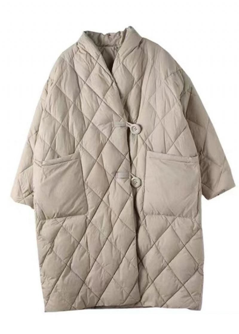 Elegante Aprikosenfarbene Pufferjacke Mit V-ausschnitt Und Taschen Aus Feiner Baumwolle Winter - Apricot