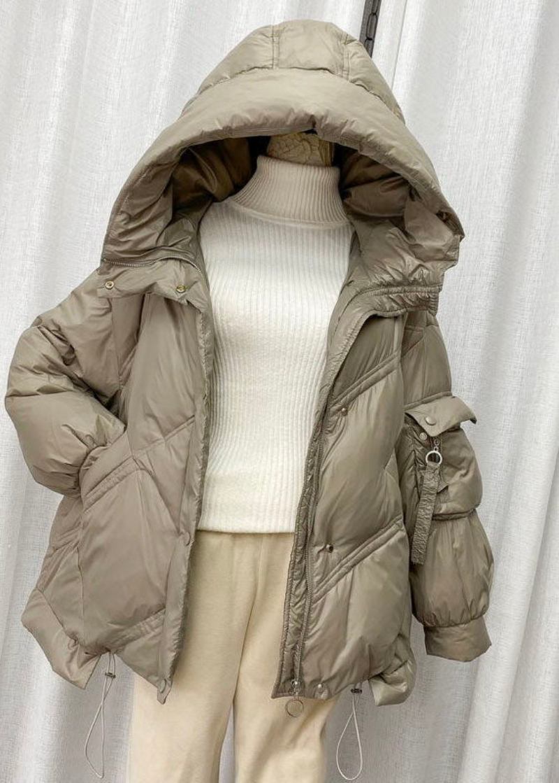 Elegante Beigefarbene Entendaunenjacke Mit Kapuze Und Kordelzug Für Den Winter - Beige