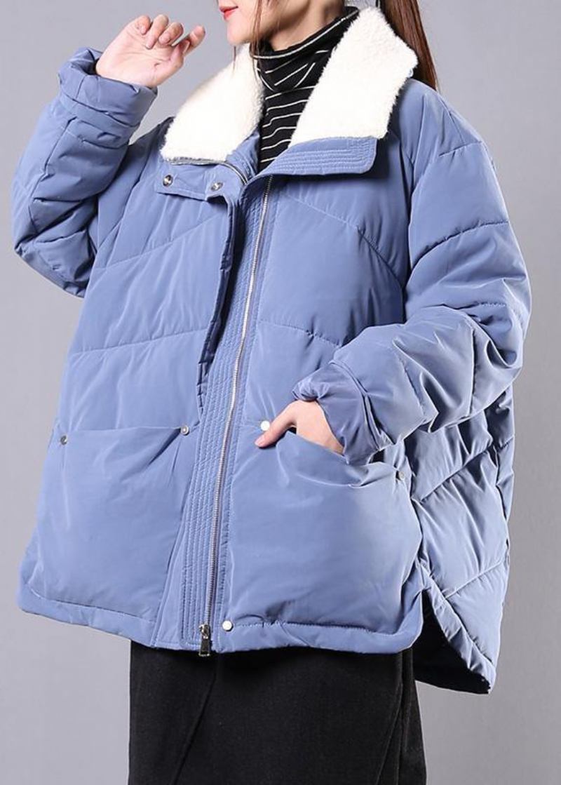 Elegante Blaue Parkas Für Damen Locker Sitzende Winterjacke Mit Reverstaschen Und Reißverschluss