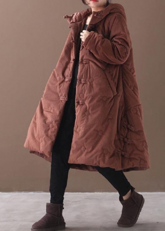 Elegante Braune Oberbekleidung Trendige Plus-size-warme Wintermantel Chinese Button Kapuzenmäntel