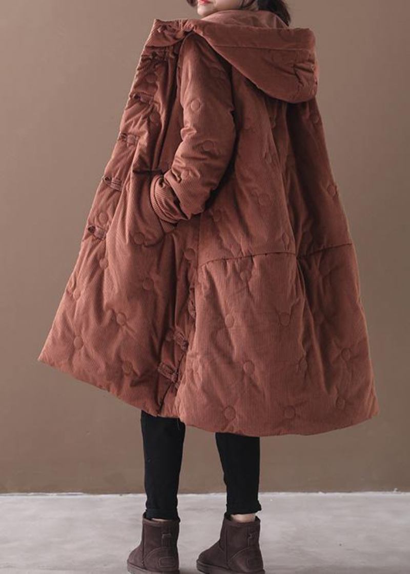 Elegante Braune Oberbekleidung Trendige Plus-size-warme Wintermantel Chinese Button Kapuzenmäntel - braun