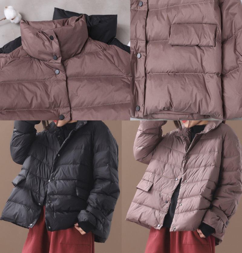 Elegante Khakifarbene Parkas Für Damen In Übergröße Daunenjacke Für Den Winter Kurzer Mantel Mit Stehkragen - Damen-Daunenjacken