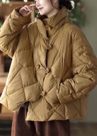 Elegante Khakifarbene Übergroße Pufferjacke Mit Stehkragen Und Knopfleiste Aus Entendaunen Für Den Winter