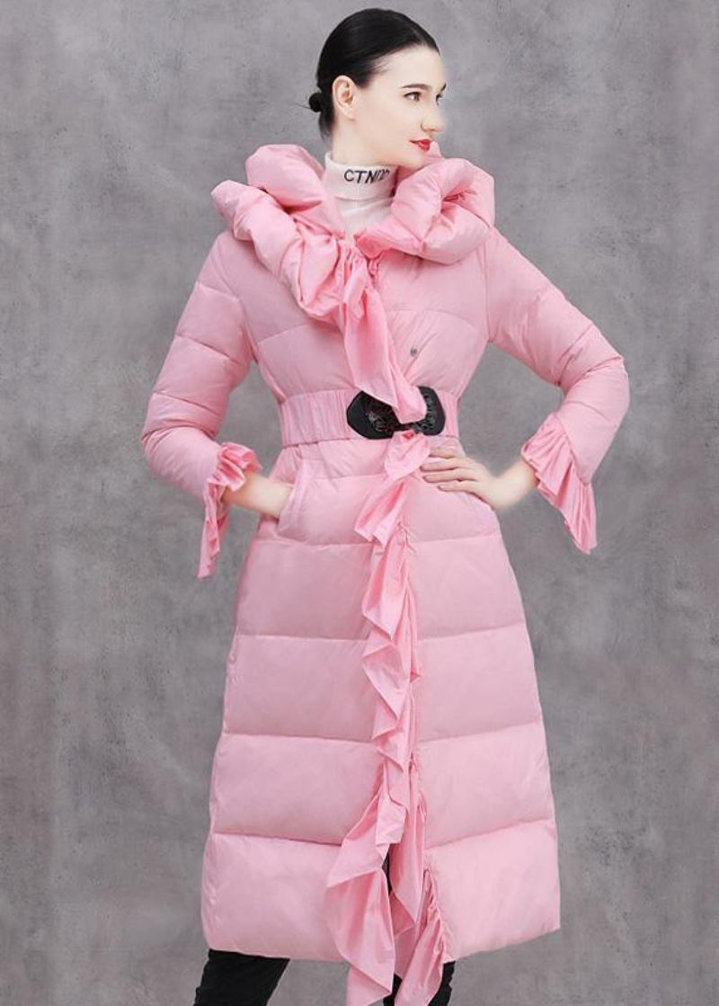 Elegante Lässige Winterjacke Mit Rüschen Rosa Daunenmantel In Der Taille Mit Taillenbund