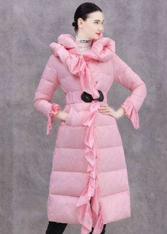 Elegante Lässige Winterjacke Mit Rüschen Rosa Daunenmantel In Der Taille Mit Taillenbund