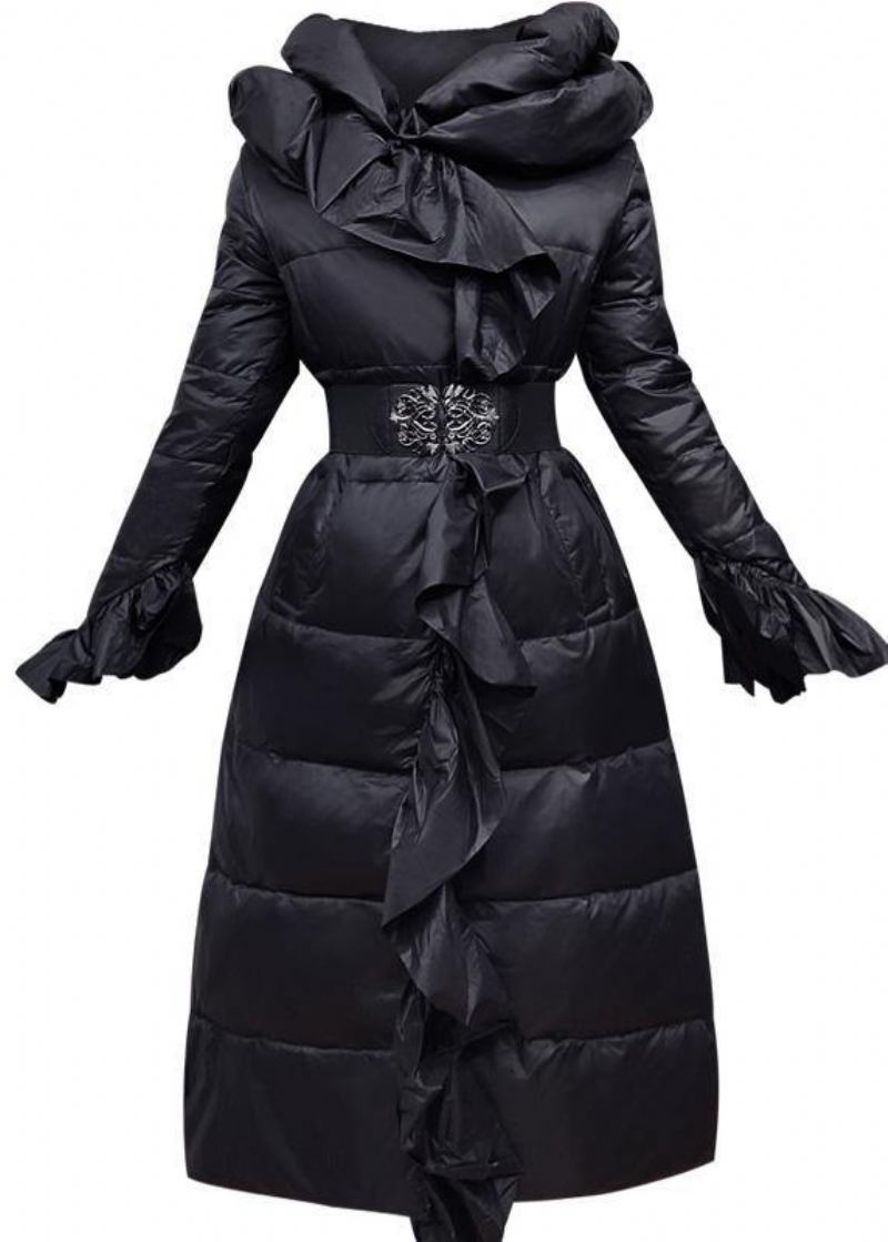 Elegante Lässige Winterjacke Mit Rüschen Rosa Daunenmantel In Der Taille Mit Taillenbund - Damen-Daunenjacken