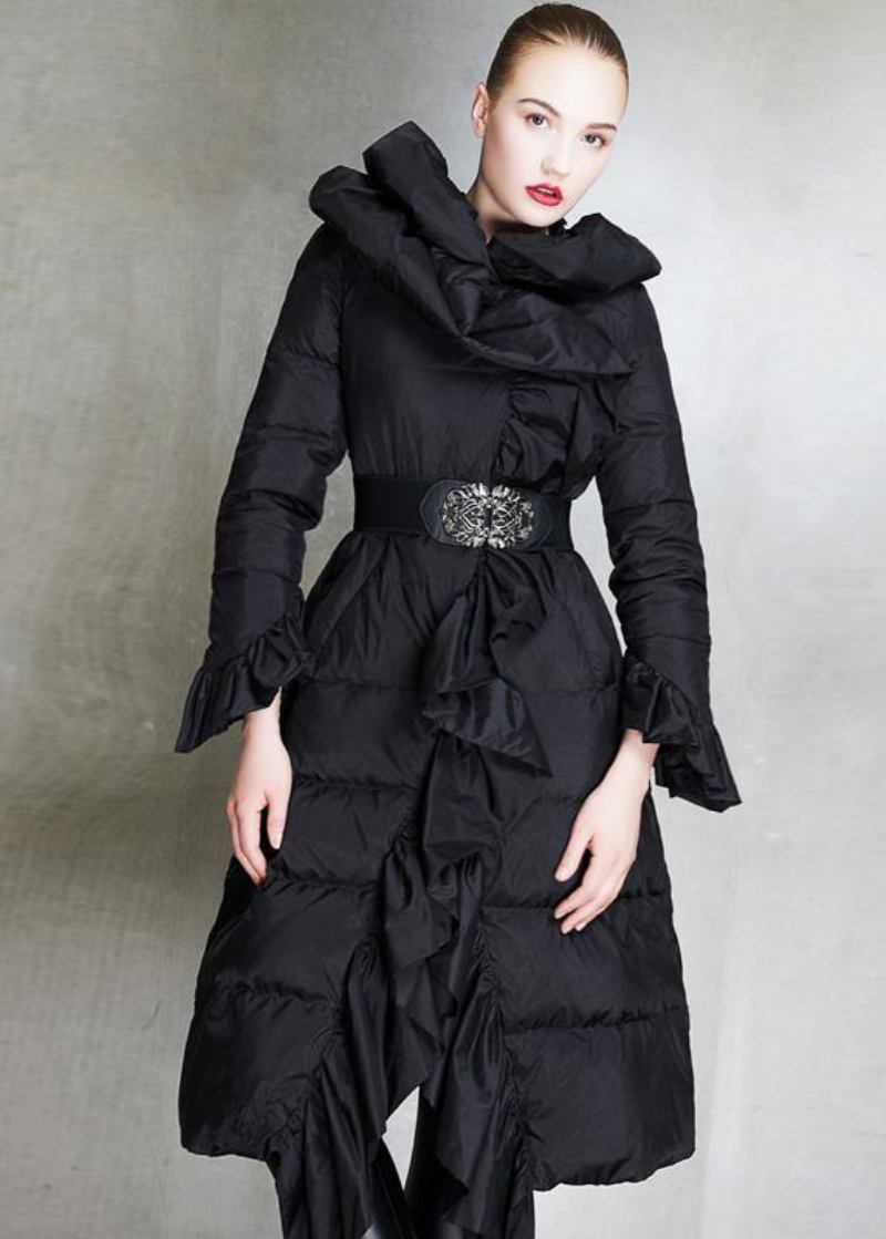 Elegante Lässige Winterjacke Mit Rüschen Rosa Daunenmantel In Der Taille Mit Taillenbund - Damen-Daunenjacken