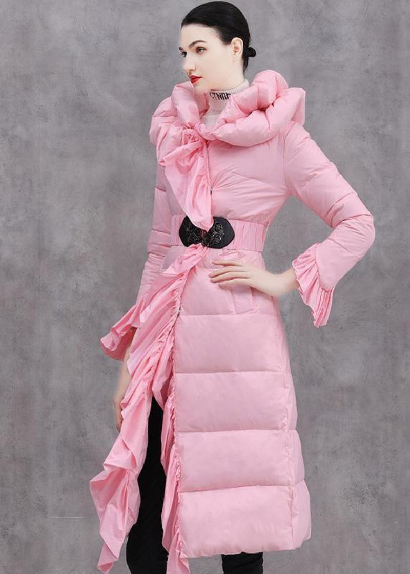 Elegante Lässige Winterjacke Mit Rüschen Rosa Daunenmantel In Der Taille Mit Taillenbund - Damen-Daunenjacken