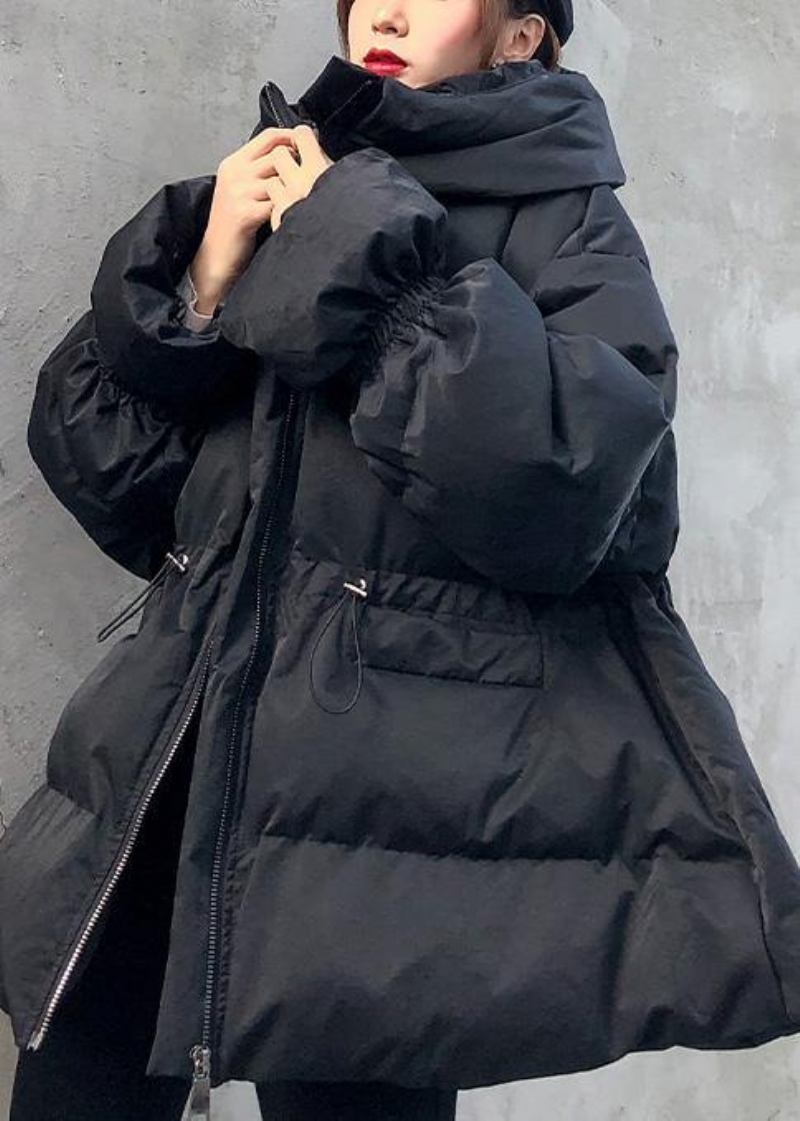 Elegante Locker Sitzende Winterjacke Mäntel Mit Kordelzug Schwarzer Damenparka Mit Kapuze - Damen-Daunenjacken