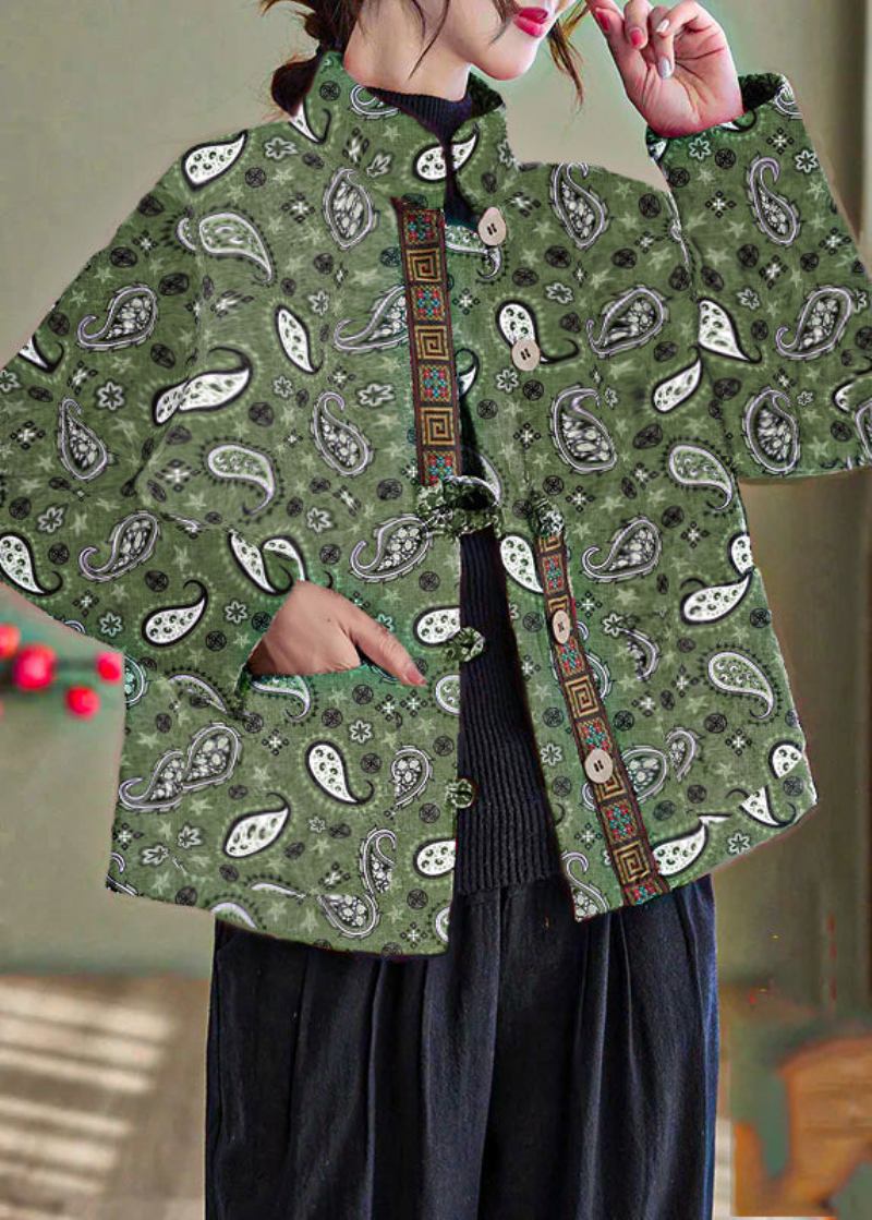 Elegante Parka Mit Baumwollfüllung In Grün Und Cashew-print Winter