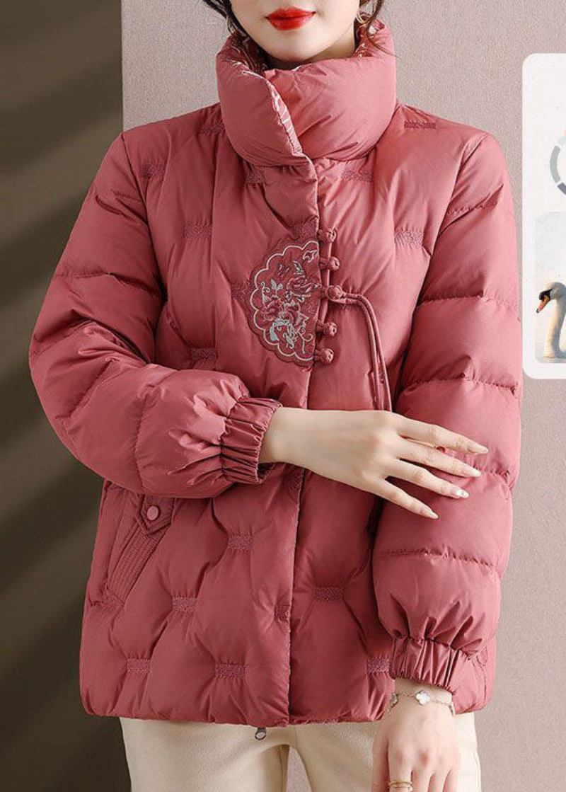 Elegante Rosa Bestickte Daunenjacke Mit Stehkragen Und Daunenfüllung Für Den Winter