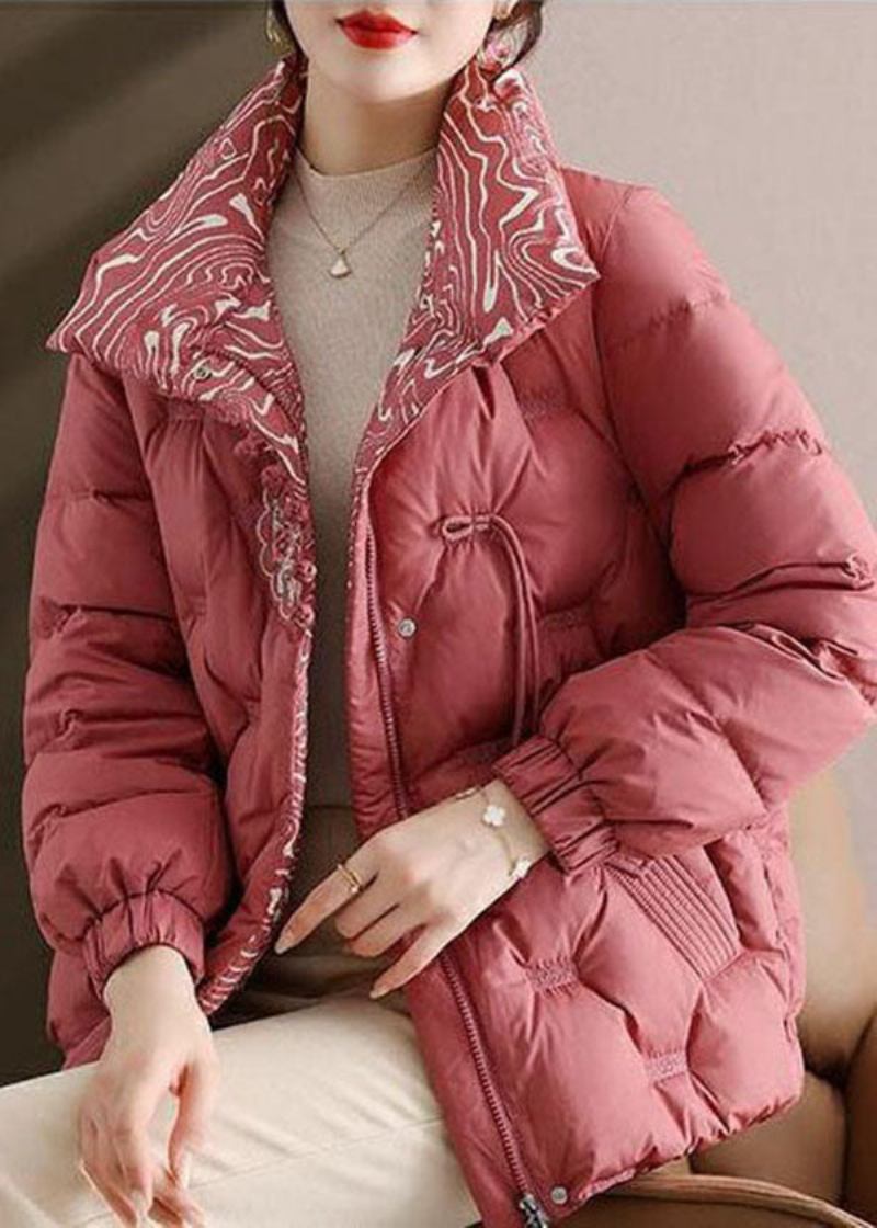 Elegante Rosa Bestickte Daunenjacke Mit Stehkragen Und Daunenfüllung Für Den Winter - Damen-Daunenjacken