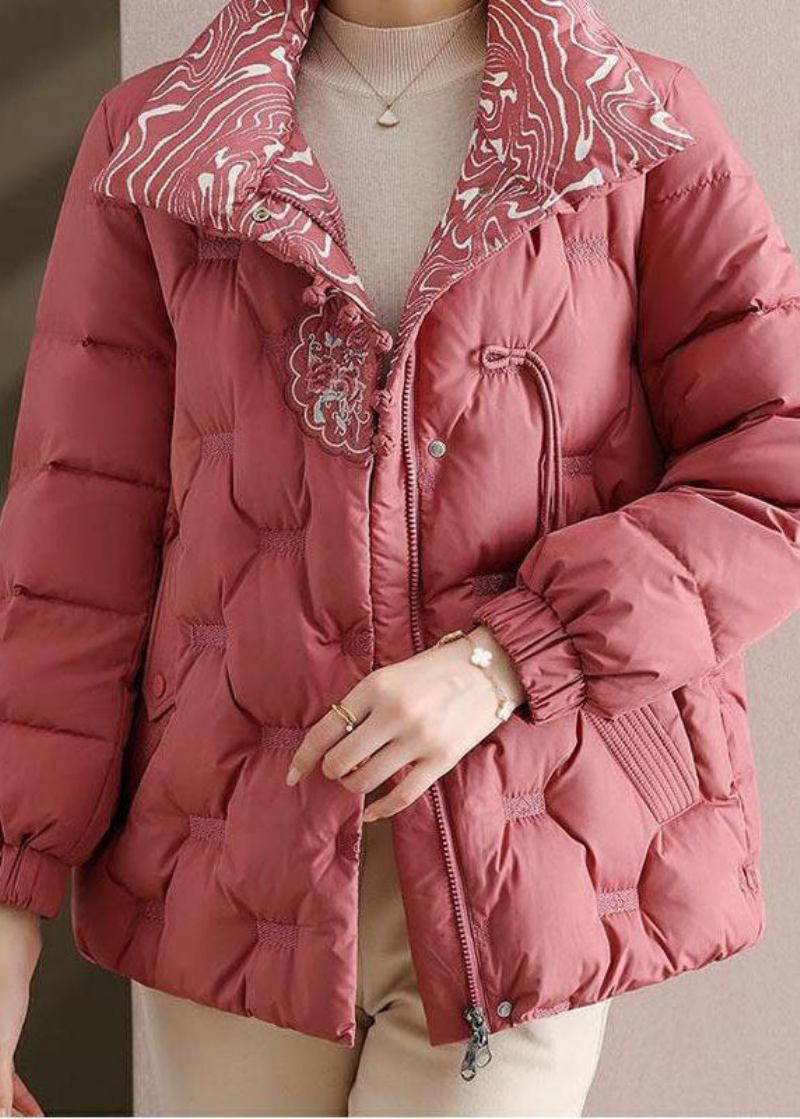 Elegante Rosa Bestickte Daunenjacke Mit Stehkragen Und Daunenfüllung Für Den Winter - Damen-Daunenjacken