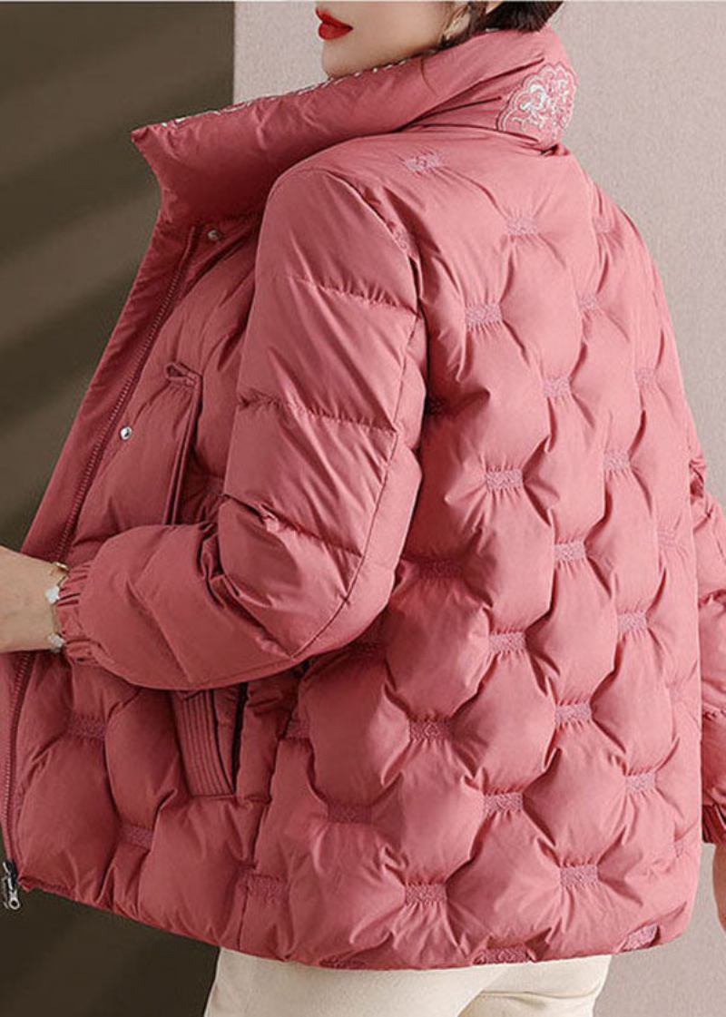 Elegante Rosa Bestickte Daunenjacke Mit Stehkragen Und Daunenfüllung Für Den Winter - Damen-Daunenjacken