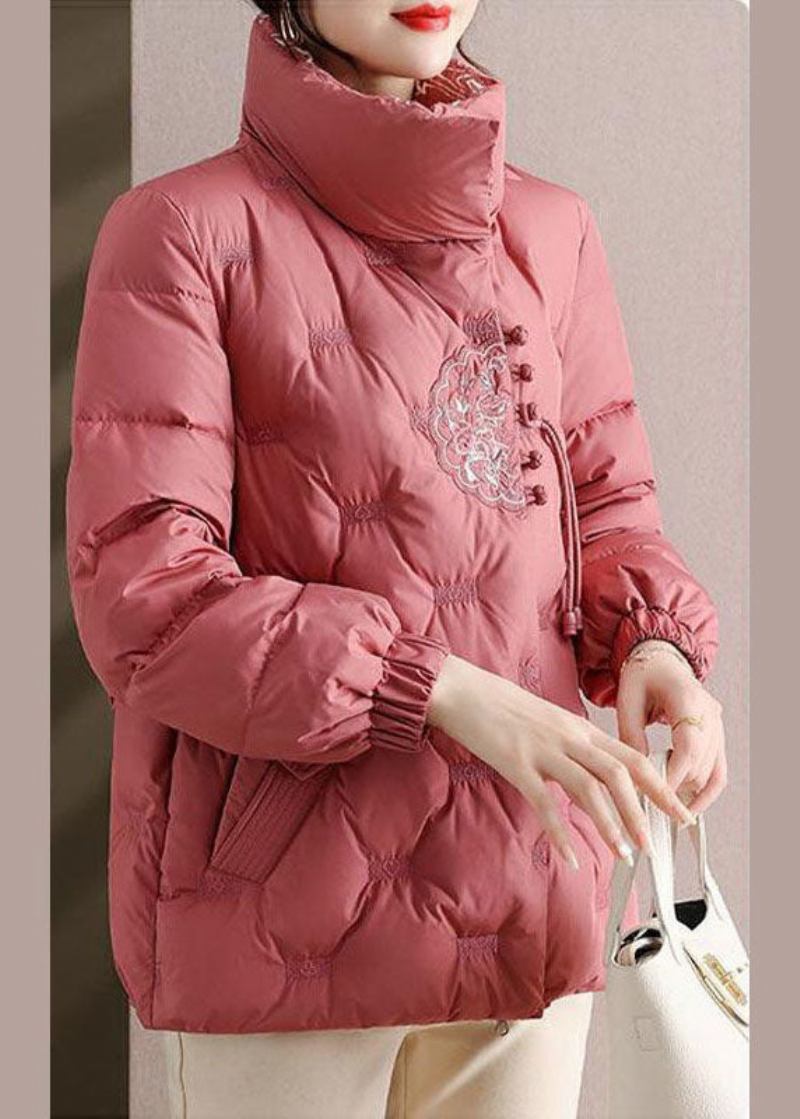 Elegante Rosa Bestickte Daunenjacke Mit Stehkragen Und Daunenfüllung Für Den Winter - Damen-Daunenjacken