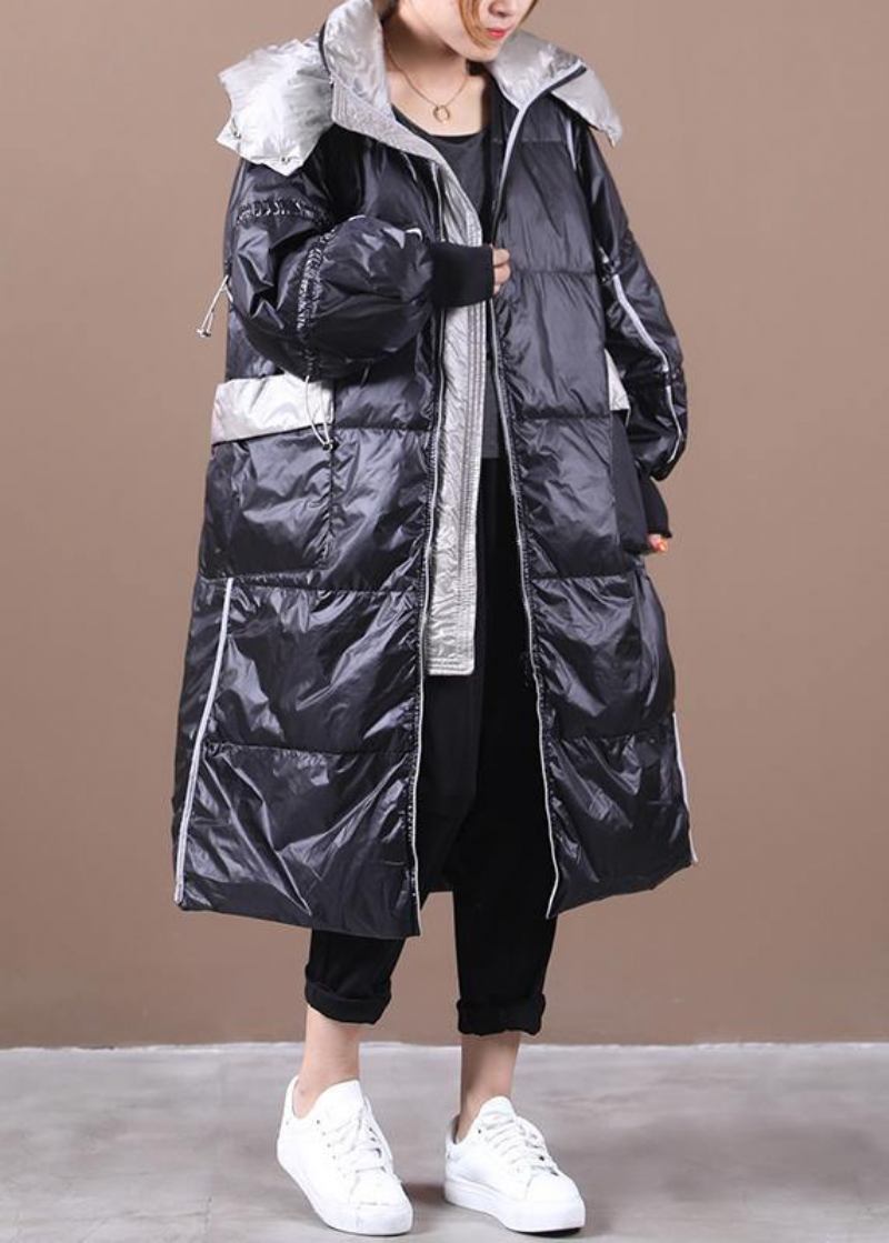 Elegante Schwarze Daunenjacke Für Damen In Übergröße Patchwork Mit Kapuze Luxuriöse Winteroberbekleidung - Damen-Daunenjacken