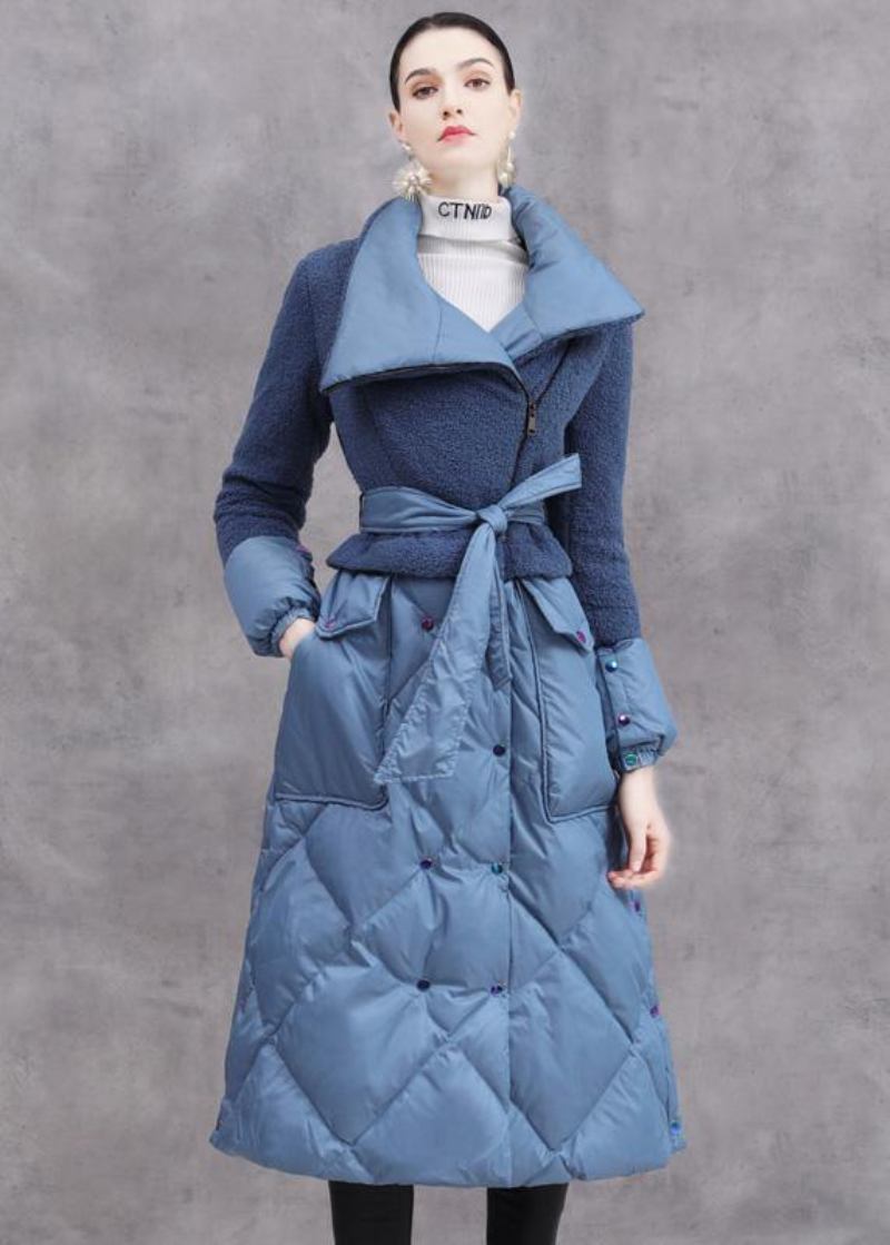 Elegante Trendige Daunenjacke In Übergröße Patchwork-winteroberbekleidung Blauer Warmer Wintermantel Mit Taillengürtel