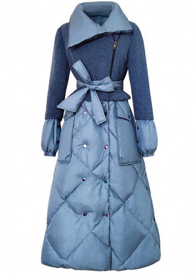 Elegante Trendige Daunenjacke In Übergröße Patchwork-winteroberbekleidung Blauer Warmer Wintermantel Mit Taillengürtel - Damen-Daunenjacken