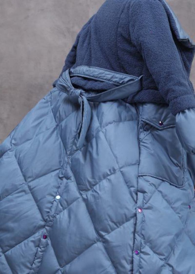 Elegante Trendige Daunenjacke In Übergröße Patchwork-winteroberbekleidung Blauer Warmer Wintermantel Mit Taillengürtel - Damen-Daunenjacken